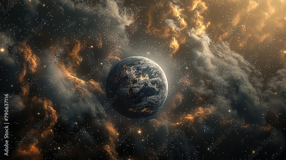 Poster A single planet left with black clouds in a deteriorating galaxy with all the other planets destroyed. Generative AI.