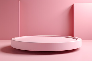 3D pink pedestal podium on pink background. Product display presentation