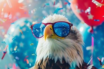 bald eagle with aviator glasses, the sunglasses lenses are in USA flag colors themed blue and red balloons with stars and stripes in background for 4th of July