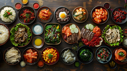 Assortment of Korean traditional dishes, Asian food, Top view, flat lay, panorama, hyperrealistic...