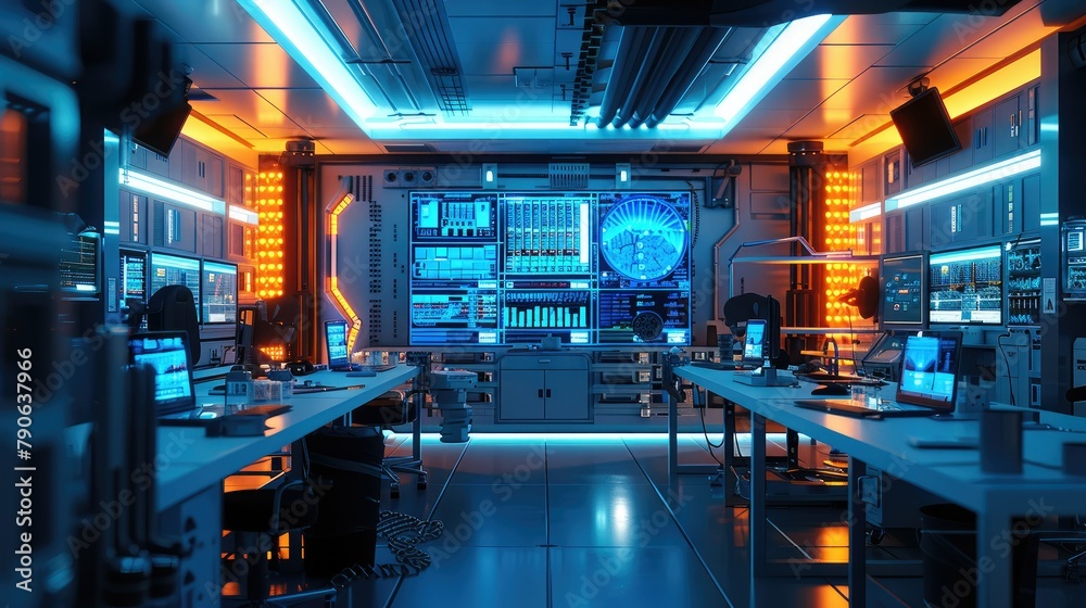 Poster make a laptop repair laboratory, with tables in the background, led screens, holograms. generative a
