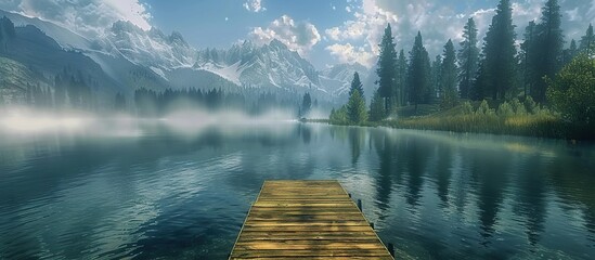 The calm lake and wooden pier are surrounded by snowy mountains and pine forests. - obrazy, fototapety, plakaty