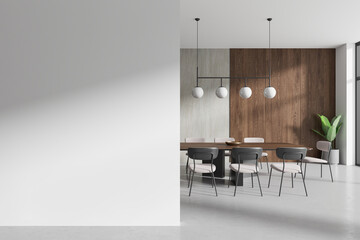 A contemporary dining room interior with wooden elements, design furniture, and a white background, illustrating a modern home concept. 3D Rendering - obrazy, fototapety, plakaty