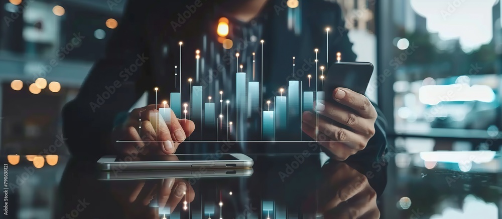 Poster Businessman using smartp hone show Stock chart with graph indicator. a growing virtual hologram stock.