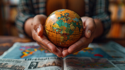 hands holding a globe over financial news - obrazy, fototapety, plakaty