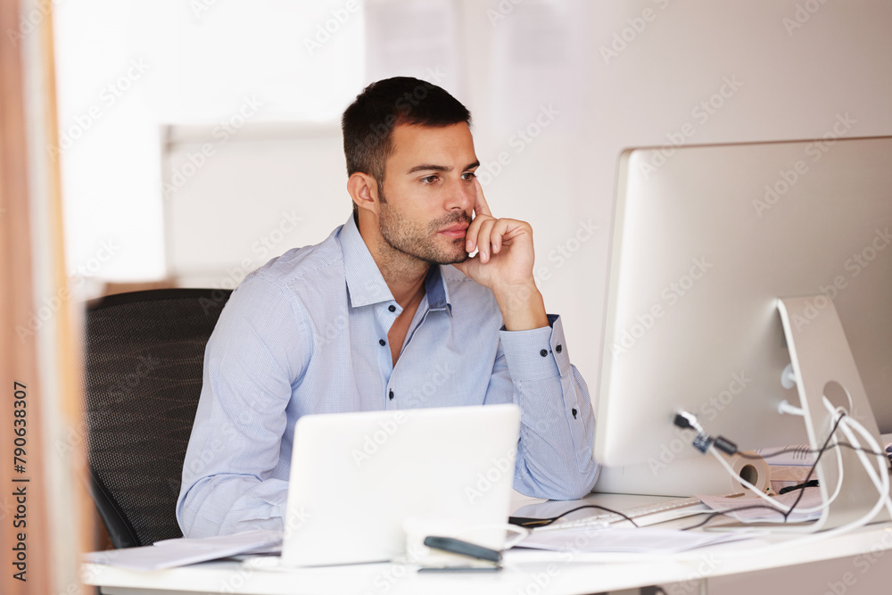 Poster businessman, thinking and computer at desk in home office for start up company, freelance and softwa