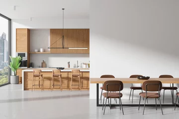 Foto op Plexiglas Modern kitchen interior with dining area on a cityscape background, showcasing wooden furniture and minimalist design, concept of urban home. 3D Rendering © ImageFlow