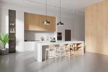 Stylish home kitchen interior with bar counter and shelves with kitchenware - obrazy, fototapety, plakaty