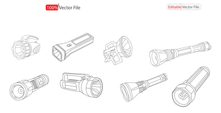 Flashlight object or design. touch light line art. Simple Set of touch light  Related Vector Line Icons.  Contains such Icons as light, outline, Power body ,  Flashlight vector image