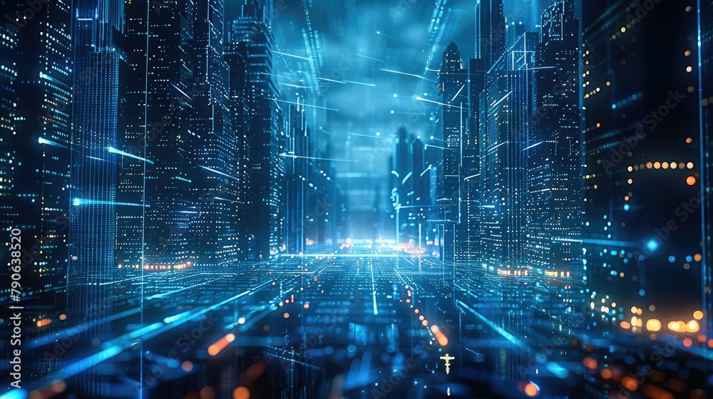 Fototapete digital hologram of urban buildings, composed of data and code lines in blue color, floating on the 