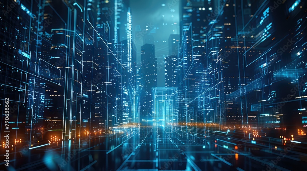 Fototapete digital hologram of urban buildings, composed of data and code lines in blue color, floating on the 