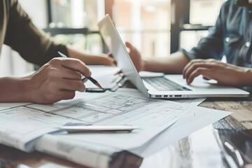 Teamwork in progress analyzing architectural plans