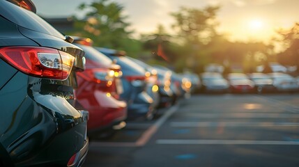 Obraz premium Sunset hues glimmer on a lineup of parked cars signaling day s end