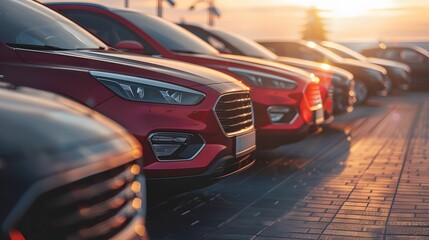 Sunset gleams on a lineup of cars at a dealership
