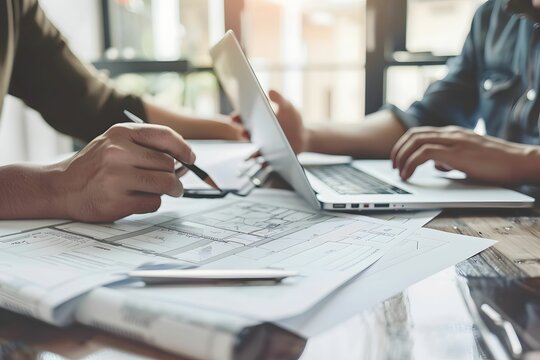 Teamwork in progress analyzing architectural plans