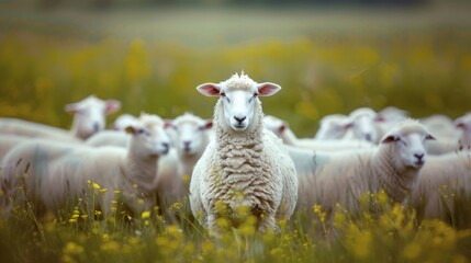 A white sheep stands out among a flock in a wild, lush meadow, symbolizing leadership and uniqueness, serene and majestic