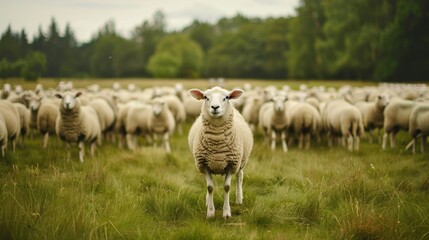 Obraz premium A white sheep stands out among a flock in a wild, lush meadow, symbolizing leadership and uniqueness, serene and majestic
