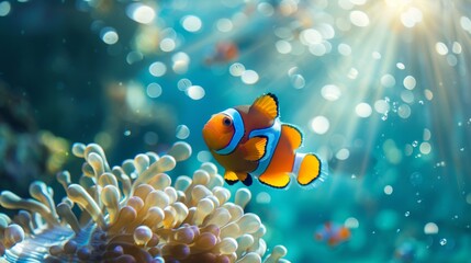 A vibrant scene of a uniquely patterned Nemo fish leading a school through shimmering blue waters, sunbeams filtering down, embodying leadership in the underwater world
