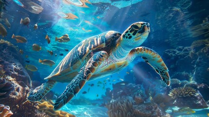 A single turtle distinguished by its delightful charm leads a group, underwater, in a radiant, sunny blue world highlighting uniqueness