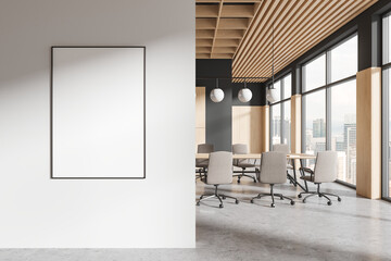 Office meeting room interior with table and panoramic window. Mock up frame