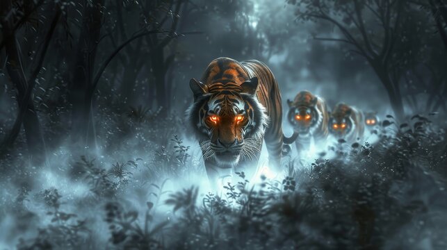 A solitary tiger lion with a fiery mane leads a pack through an ethereal foggy forest, eyes glowing, embodying the spirit of individuality and leadership