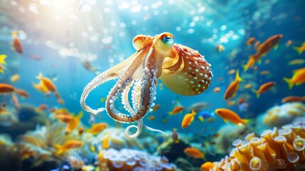 A joyful squid leads among mundane fish, bright blue waters illuminate its unique charm, sunny backdrop enhances its leadership, underwater world theme - obrazy, fototapety, plakaty