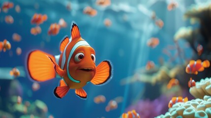 A charismatic Nemo fish swimming confidently at the forefront of a group, clear blue ocean around, sunlit waters enhancing its standout colors, symbolizing leadership - obrazy, fototapety, plakaty