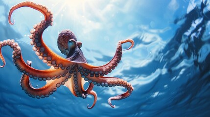 An octopus swims in blue sunlit waters, a beacon of uniqueness among the ordinary, showcasing leadership in the underwater realm