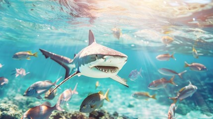 Naklejka premium An adorable shark leading a school of fish in crystal-clear waters, illustrating the power of individuality, bright sunny backdrop enhancing the underwater world concept