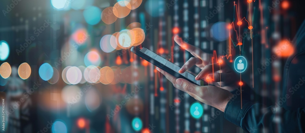 Poster close up businessman using smart phone analyzing data economic growth graph chart. business strategy