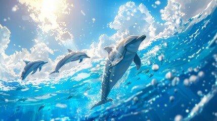 Adorable dolphin rising as a leader among peers, swimming in vibrant blue waters under a sunny sky, illustrating uniqueness and identity in the aquatic world,