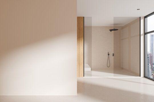 Stylish hotel bathroom interior with shower and panoramic window. Mock up wall
