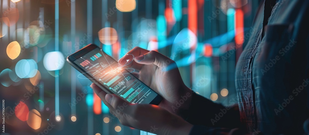 Poster closeup businessman using smartphone abstract strategy chart graph growth economic data sales analyz