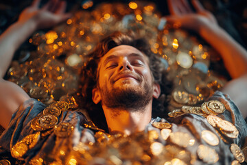 portrait of a successful happy rich millionaire man investor trader businessman in cryptocurrency lying in pile of gold coins bitcoins