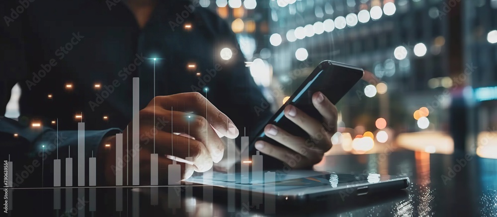Poster Businessman using mobile smartphone and icon data with growth graph analysis of business.