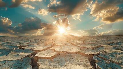 A wide shot of cracked earth under the sun, symbolizing climate change and global warming with cloudy skies in the background. Generative AI. - obrazy, fototapety, plakaty