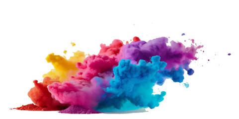 Vector colorful vibrant rainbow, smoke and cloud holi paint color powder explosion with bright colors isolated  on transparent background. Multicolored explosion of rainbow powder paint holi festival 