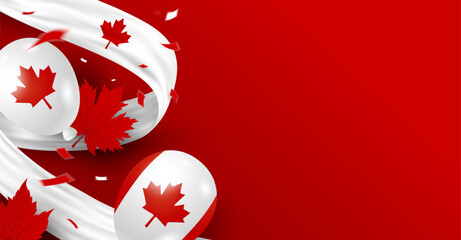 Canada day 1st of july banner design of balloons and maple leaves with white fabric on red background with copy space Vector illustration