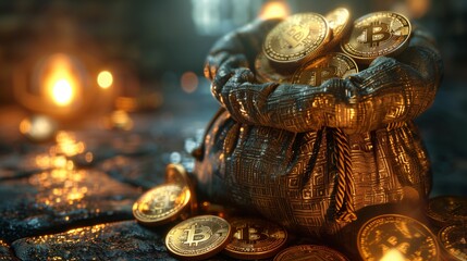 A bag of gold Bitcoin coins on a stone surface with a glowing orange background.