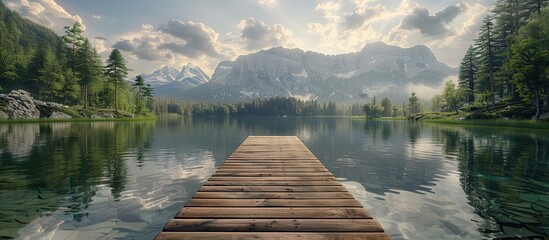 Naklejka premium The calm lake and wooden pier are surrounded by snowy mountains and pine forests. beauty of nature background.