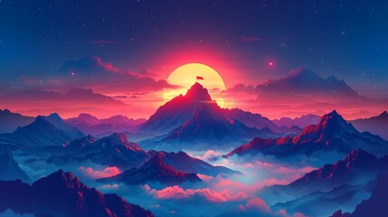 A mountain range at sunset with a red flag on the highest peak. - obrazy, fototapety, plakaty
