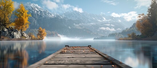 Lake and wooden pier surrounded by snow mountains in autumn. Nature landscape background. - obrazy, fototapety, plakaty