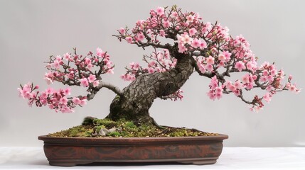 A photo of a bonsai tree with pink flowers in a pot on a white background
