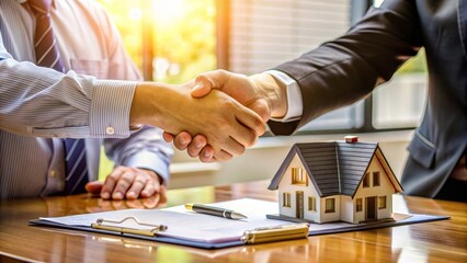 A real state agent shaking hands with a client over a house.