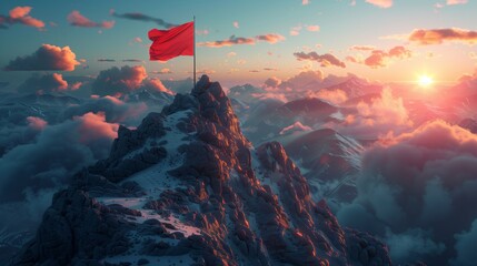 A red flag planted on the summit of a snow-capped mountain. - obrazy, fototapety, plakaty