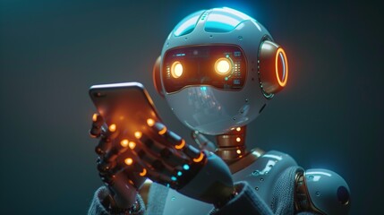 A robot is holding a phone in its hand. The robot is looking at the screen. The robot is made of metal and has a light on its head.
