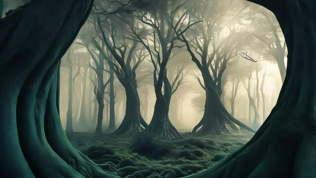 A surreal forest scene, with trees bending and contorting into impossible shapes.
