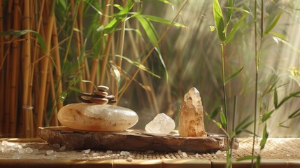 Zen Stone Tower and Bamboo in a Peaceful Setting.