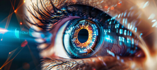 Futuristic vision of cybersecurity: human eye integrated with holographic technology for digital...