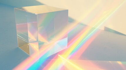 abstract rainbow background, a prism made of glass, emitting light in the form of rainbow rays on a white background, in a minimalist style